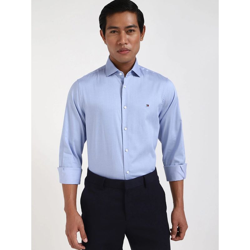 Tommy Hilfiger Blue Solid Slim Fit Tencel Shirt (38)