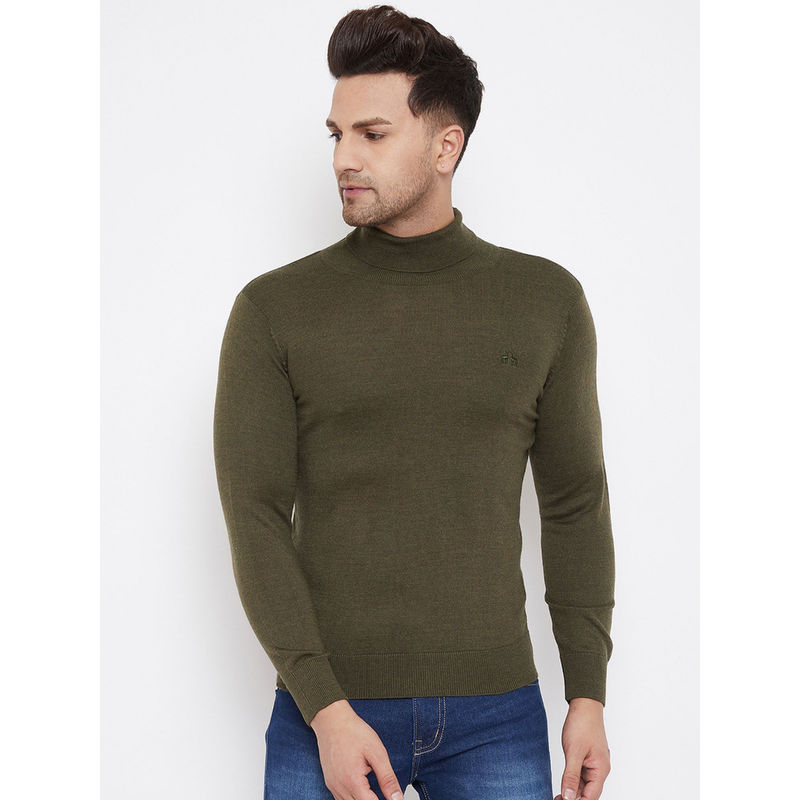 98 Degree North Olive Solid High Neck Full Sleeve Sweater (2XL)