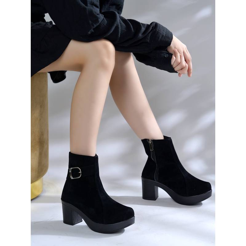 Shoetopia Black Suede Platform Ankle Boots For Women (EURO 39)