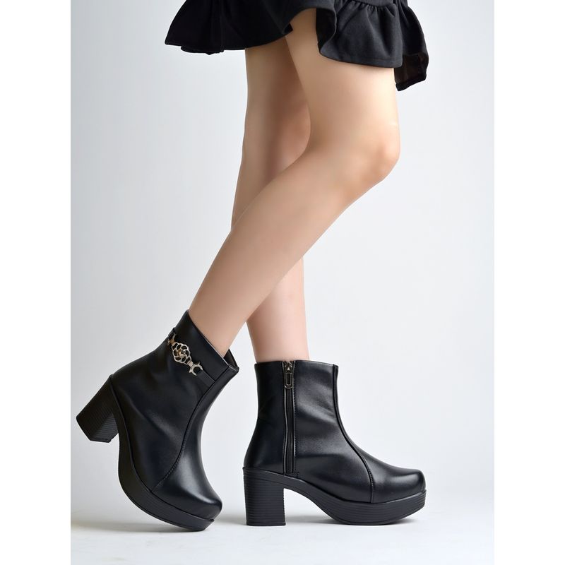 Shoetopia Black Block Ankle Boots with Sparkle Zipper For Women (EURO 36)