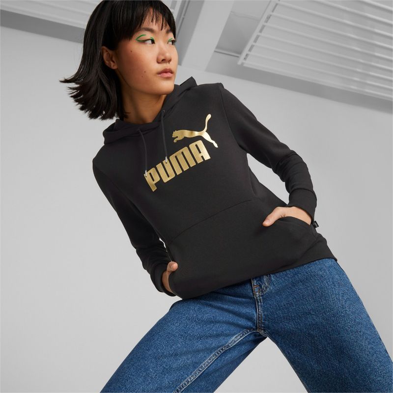 Puma Ess+ Metallic Logo Womens Black Hoodie (S)