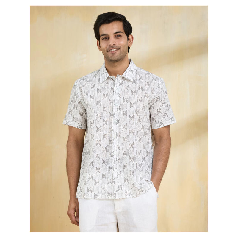 Fabindia White Cotton Hand Block Printed Shirt (L)