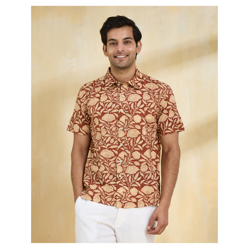 Fabindia Maroon Cotton Hand Block Printed Regular Shirt (XL)