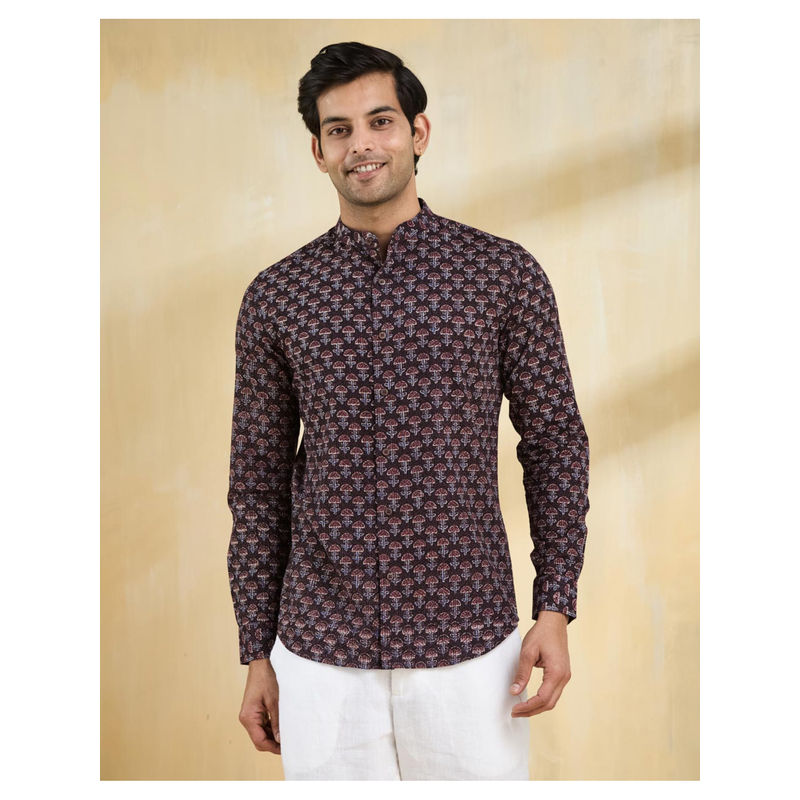 Fabindia Brown Cotton Bagru Printed Slim Fit Shirt (S)