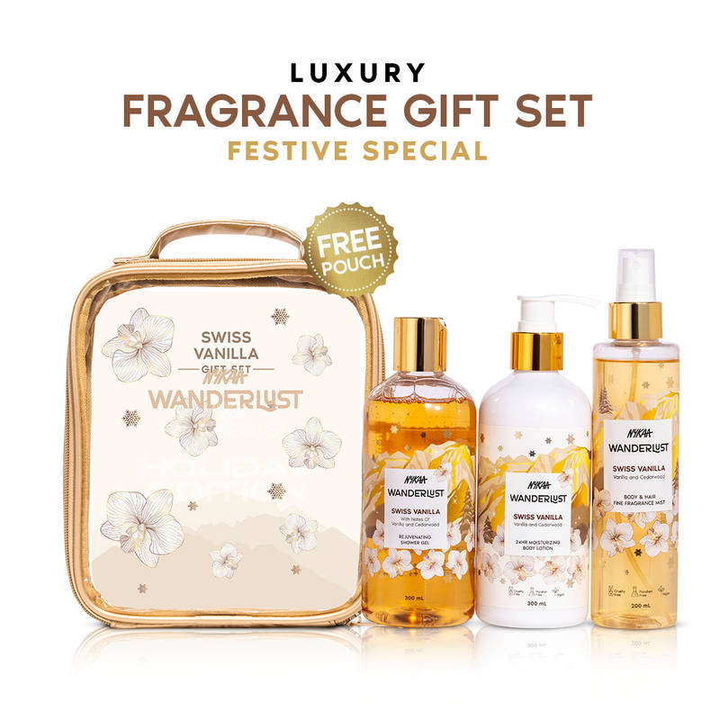 Nykaa Wanderlust Free Gold Pouch Gift Set for Women - Swiss Vanilla | Shower Gel, Lotion, Mist