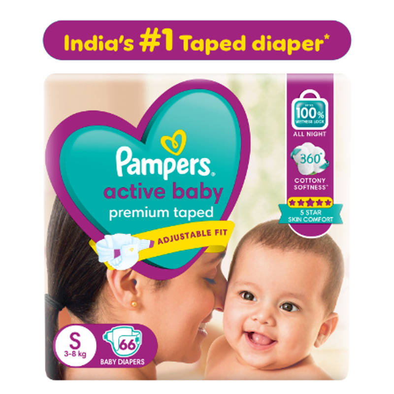 Pampers Active Baby Taped Baby Diapers - Small (S) (4–8 kg) | 12 Hr Leak Lock & Aloe Vera Lotion