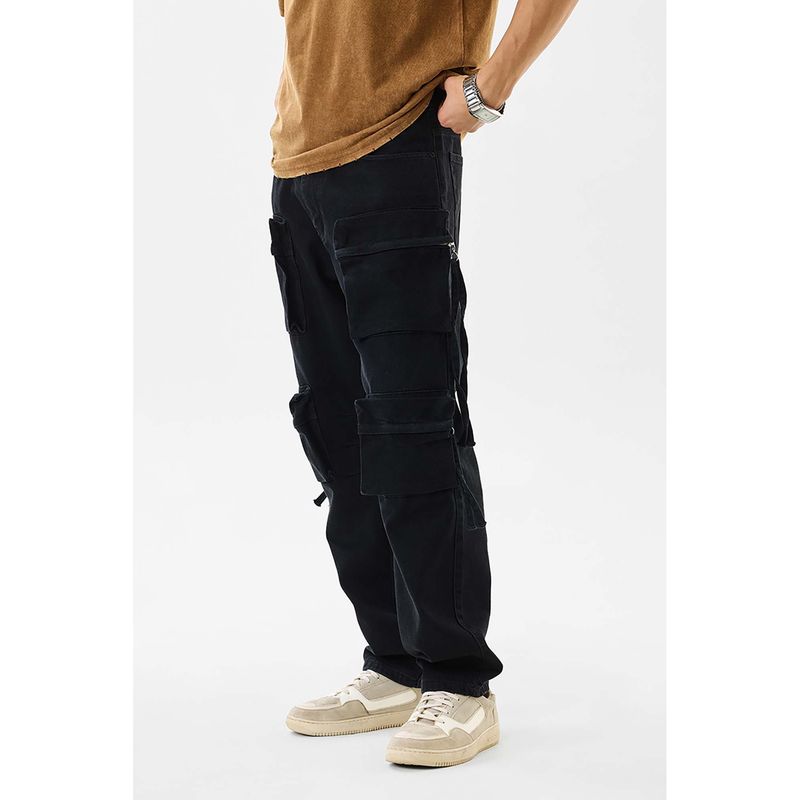 Snitch Black Washed Loose Cargo Pants for Men (36)