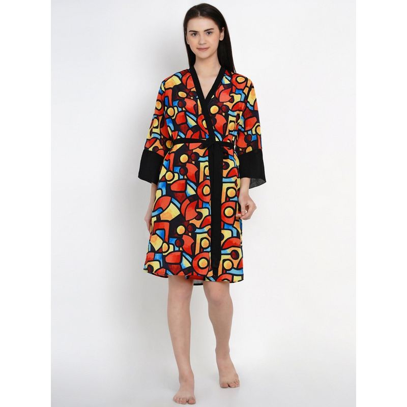 AOBA Women Black & Red Printed Knee-Length Robe (S)