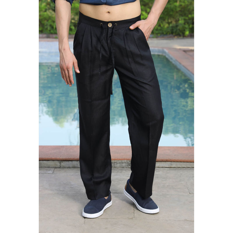 roar for good Black Men Hemp Pleated Breathable Soft Trouser (L)