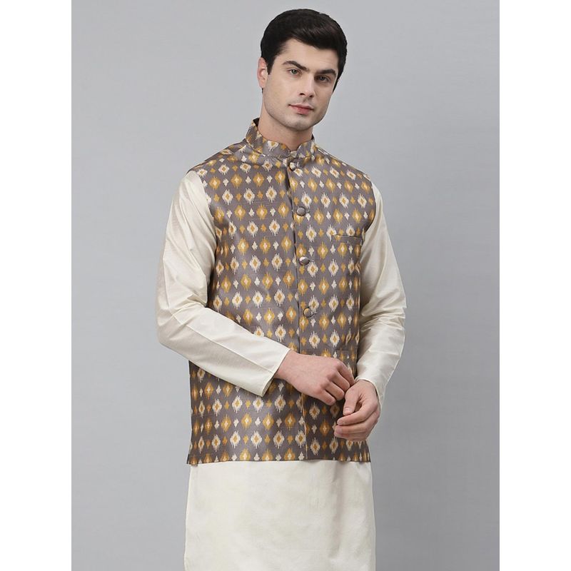 NEUDIS Men Grey and Yellow Patola Print Dupion Silk Nehru Jacket (S)