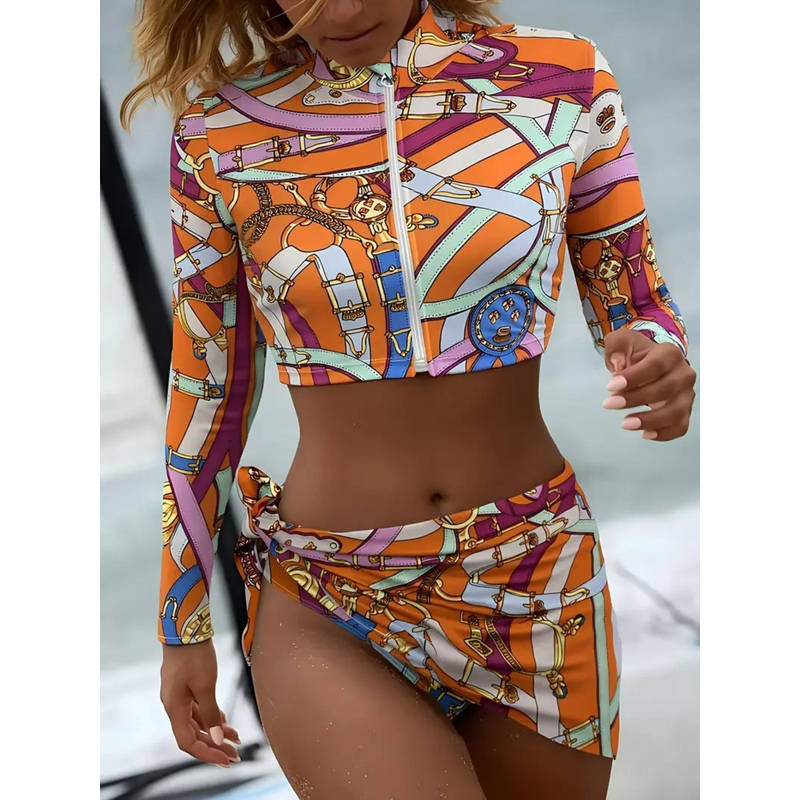 Addery Regal Chain Print Cropped Zip Rash Guard Swim Top With Panty & Sarong (M)