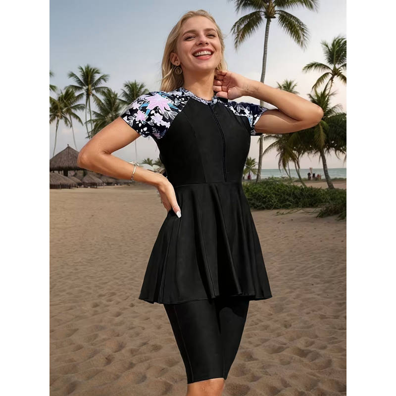 Addery Floral Sleeve Modest Swim Top With Short (S)