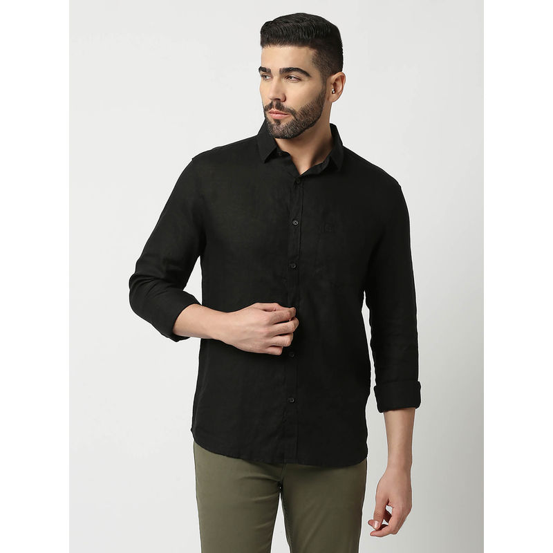 Dragon Hill Full Sleeves Black Pure Linen Shirt with Pocket (L)