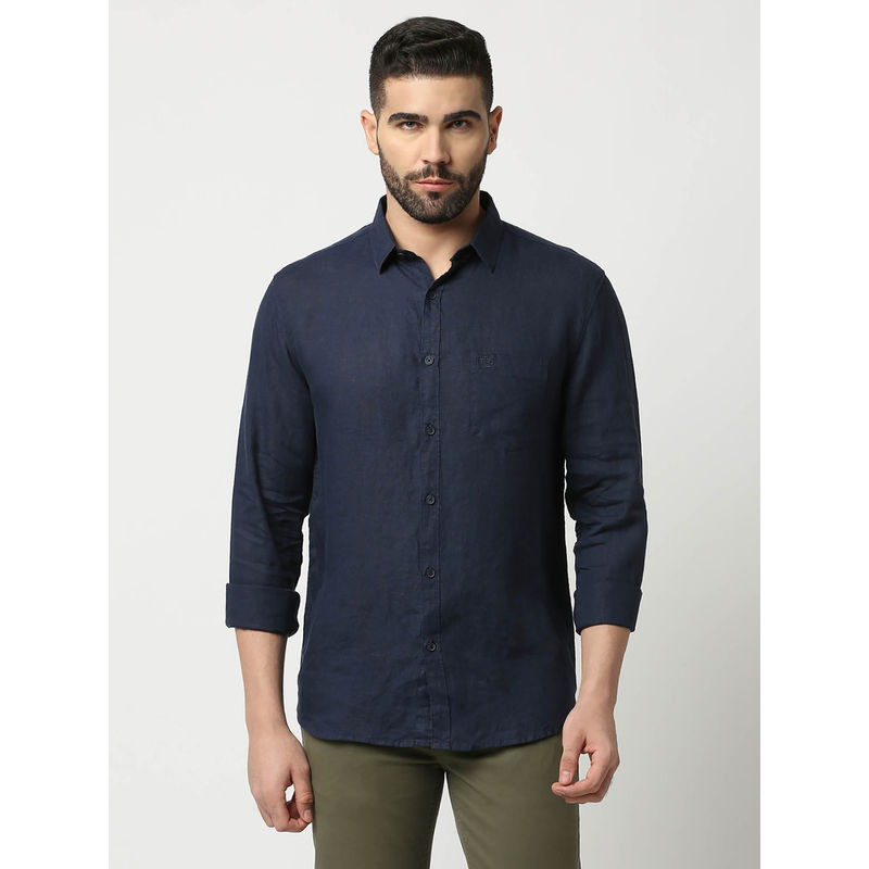 Dragon Hill Full Sleeves Navy Blue Pure Linen Shirt with Pocket (L)