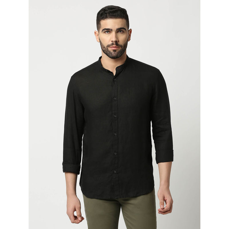 Dragon Hill Full Sleeves Black Pure Linen Shirt with Mandarin Collar (L)