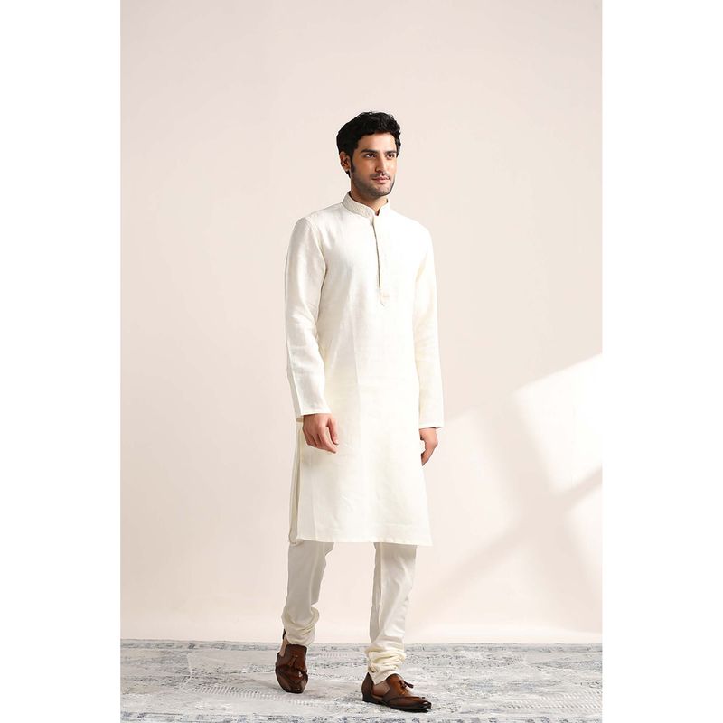 Twamev Cream Linen Solid Kurta and Churidar for Men (Set of 2) (M)