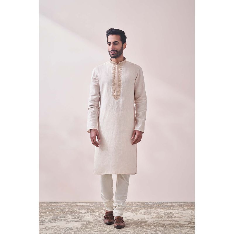 Twamev Beige Linen Solid Kurta and Pyjama for Men (Set of 2) (S)