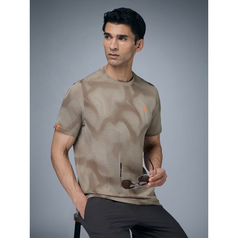 Technosport Men Jacquard Slim Fit Crew Neck Sports Khaki T-Shirt (L)