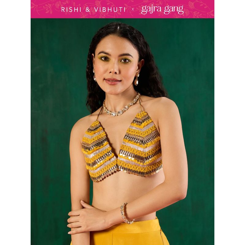 Gajra Gang Rishi Vibhuti Yellow chevron Pattern V-neck Blouse GGRVBL01 (XS)