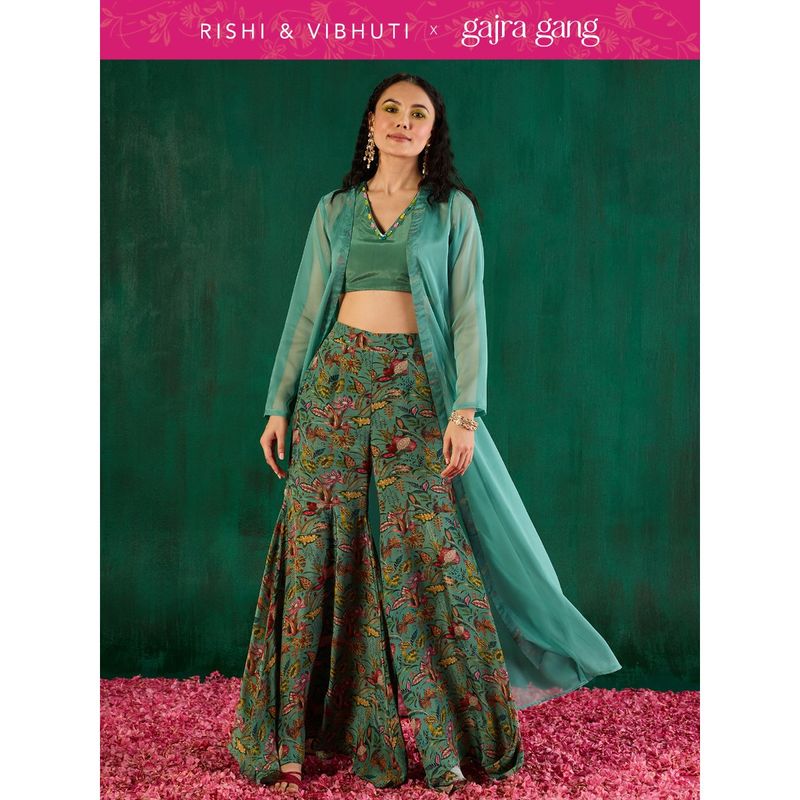 Gajra Gang Rishi Vibhuti Teal Printed Top, Skirt & Jacket Co-ord Set (Set of 3) GGRVSKD04 (XS)