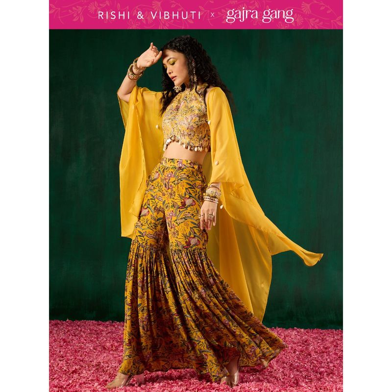 Gajra Gang Rishi Vibhuti Yellow Printed Top, Sharara & Jacket Co-ord Set (Set of 3) GGRVSKD02 (M)