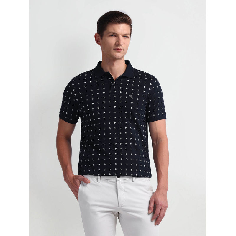 Arrow Sports Navy Blue All Over Printed Regular Polo T-Shirt (S)