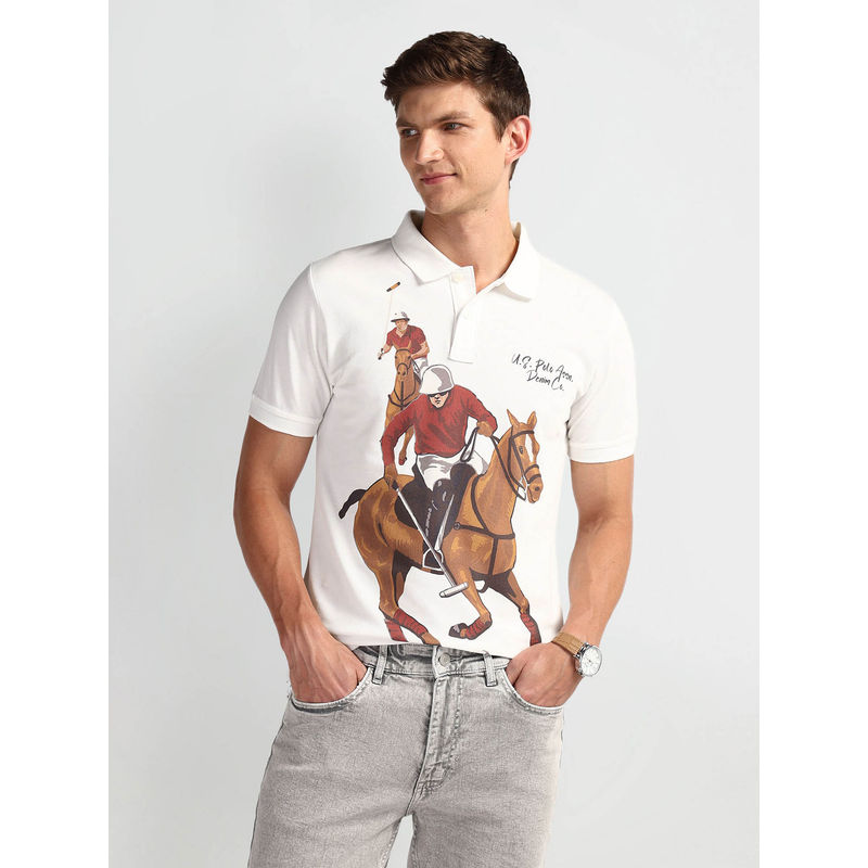 U.S. Polo Assn. Denim Co. White Graphic Slim Fit Polo T-Shirt (M)