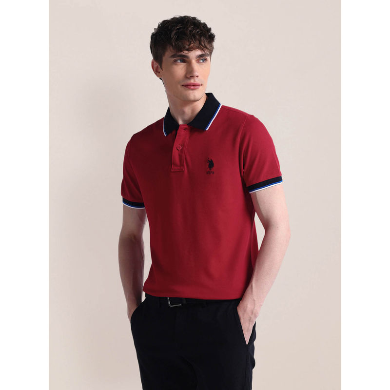 U.S. POLO ASSN. Red Solid Pure Cotton Polo T-Shirt (M)