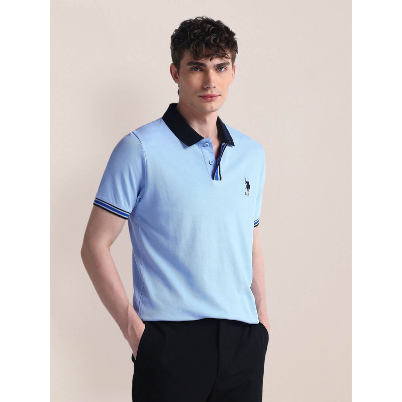 U.S. POLO ASSN. Blue Solid Half Sleeve Polo T-Shirt (M)