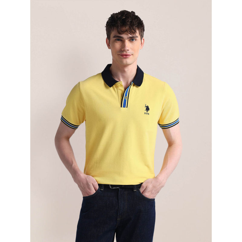 U.S. POLO ASSN. Yellow Solid Pure Cotton Polo T-Shirt (M)