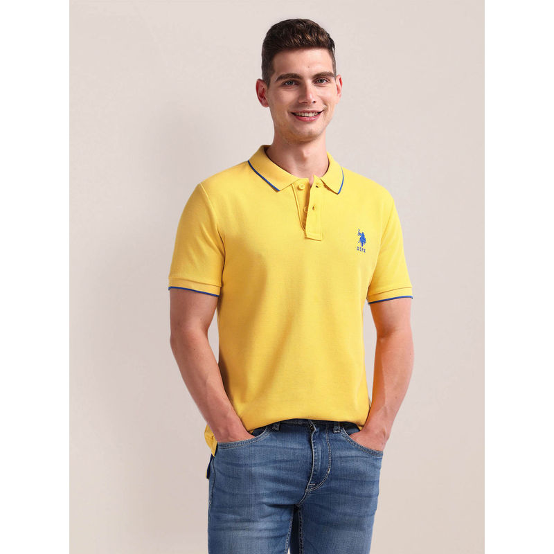 U.S. POLO ASSN. Yellow Solid Slim Fit Polo T-Shirt (S)