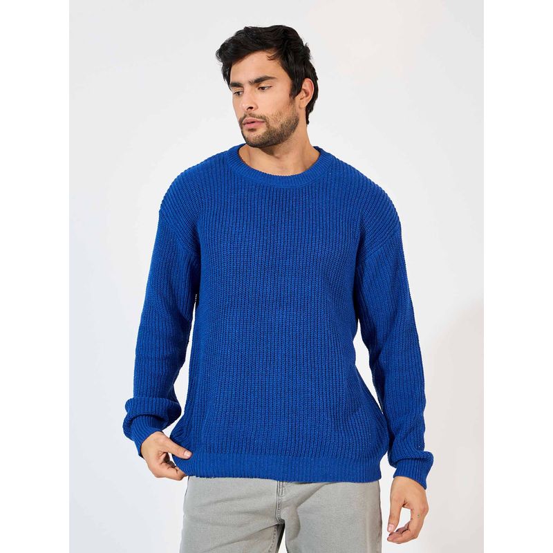Styli Men Textured Round Neck Long Sleeves Oversized Fit Blue Sweater (L)