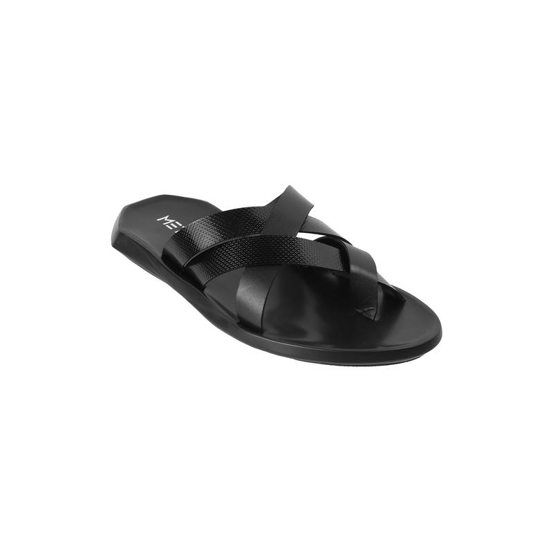 Metro Men Leather Textured Black Slippers (EURO 41)