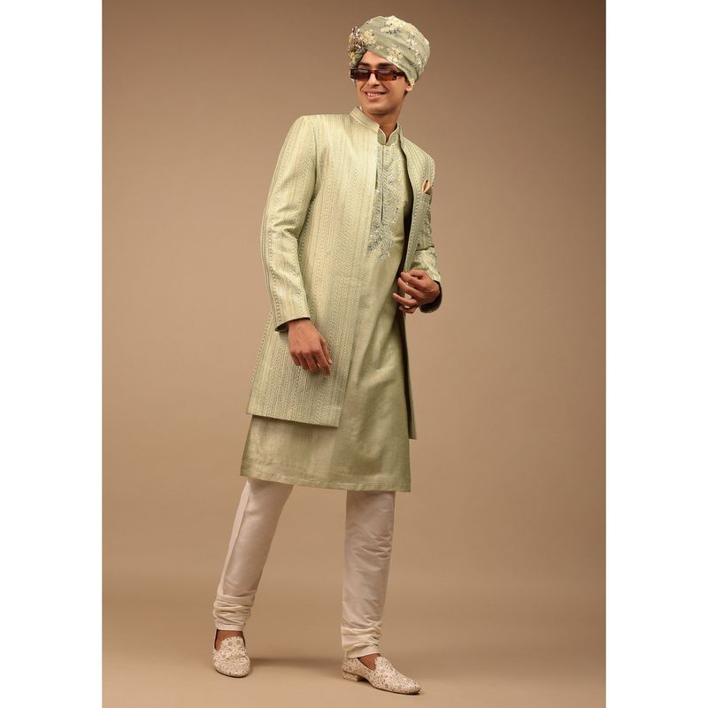KALKI FASHION Pista Green Sherwani with Intricate Resham and Mirror Work (Set of 2) (XL)