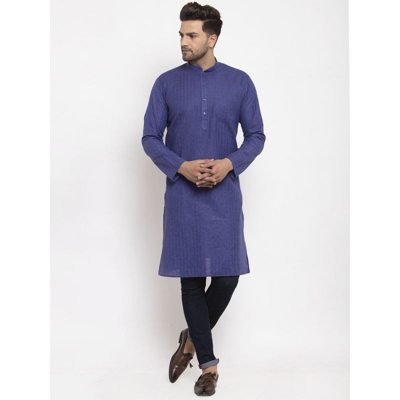 Kraft India Men Royal Blue Self Check Woven Design Straight Kurta (S)