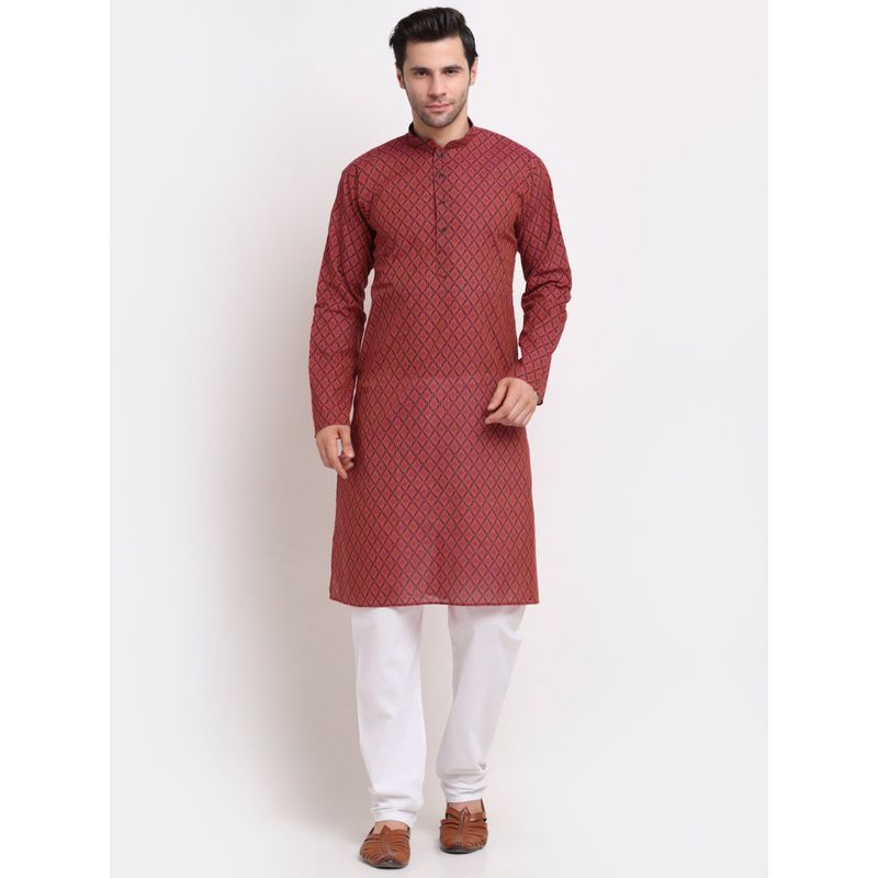 Kraft India Men Red Cotton Printed Straight Kurta (S)