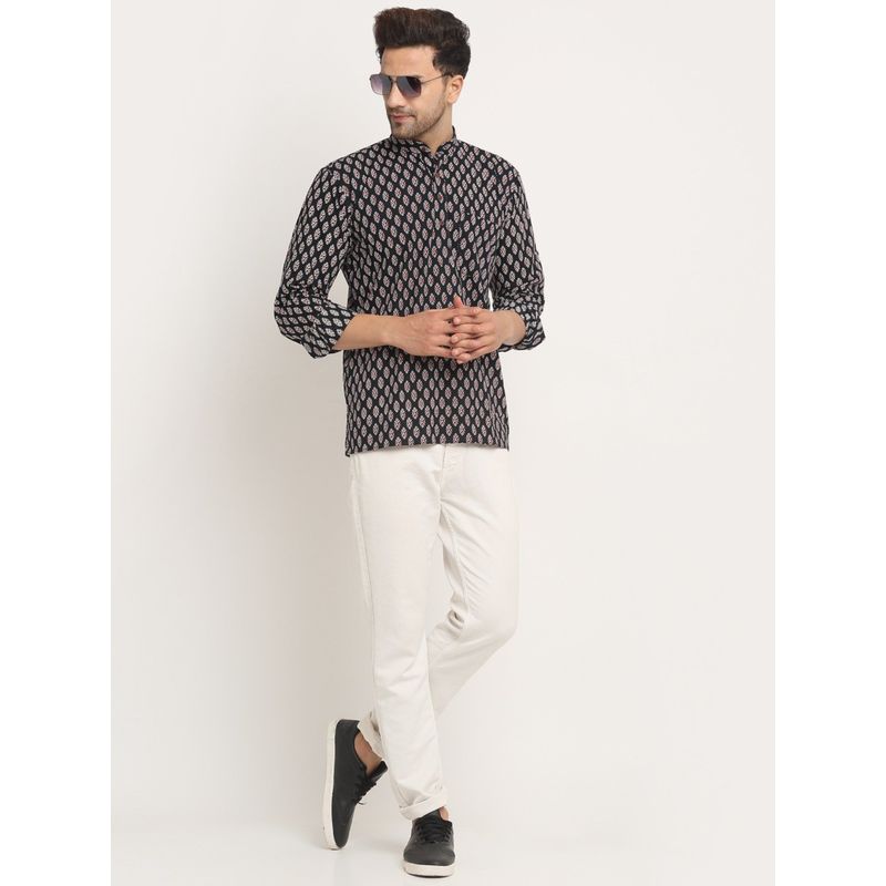 Kraft India Men Cotton Jaipuri Printed Black Short Kurta with Roll-Up Sleeves (2XL)