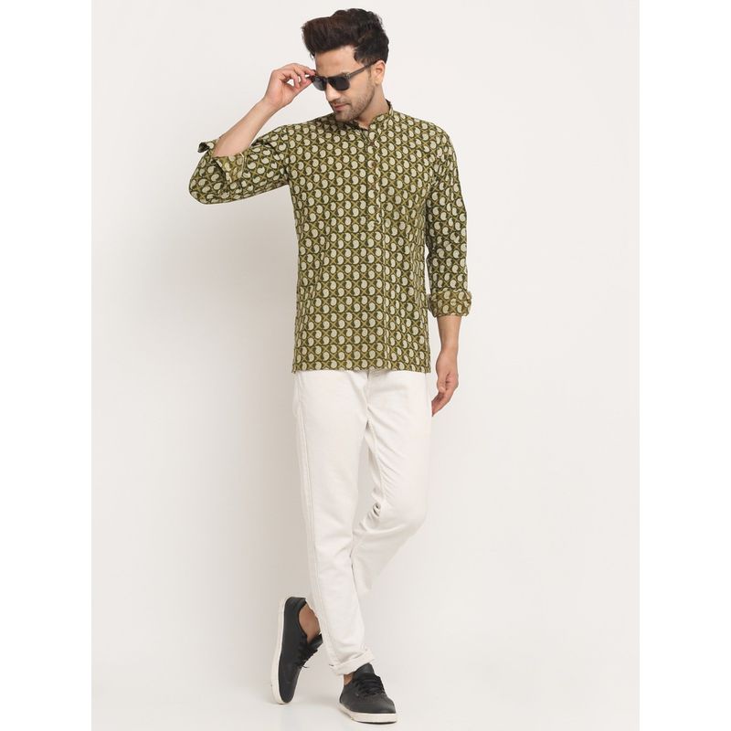 Kraft India Men Cotton Jaipuri Printed Green Short Kurta with Roll-Up Sleeves (2XL)