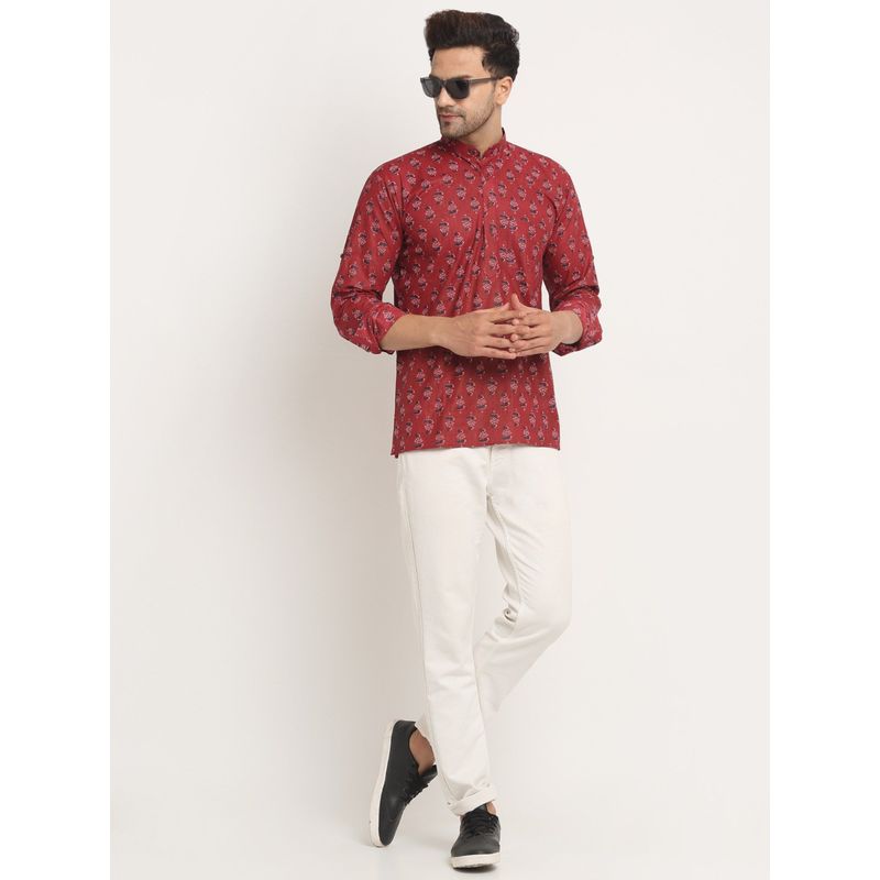 Kraft India Men Cotton Jaipuri Printed Maroon Short Kurta with Roll-Up Sleeves (S)