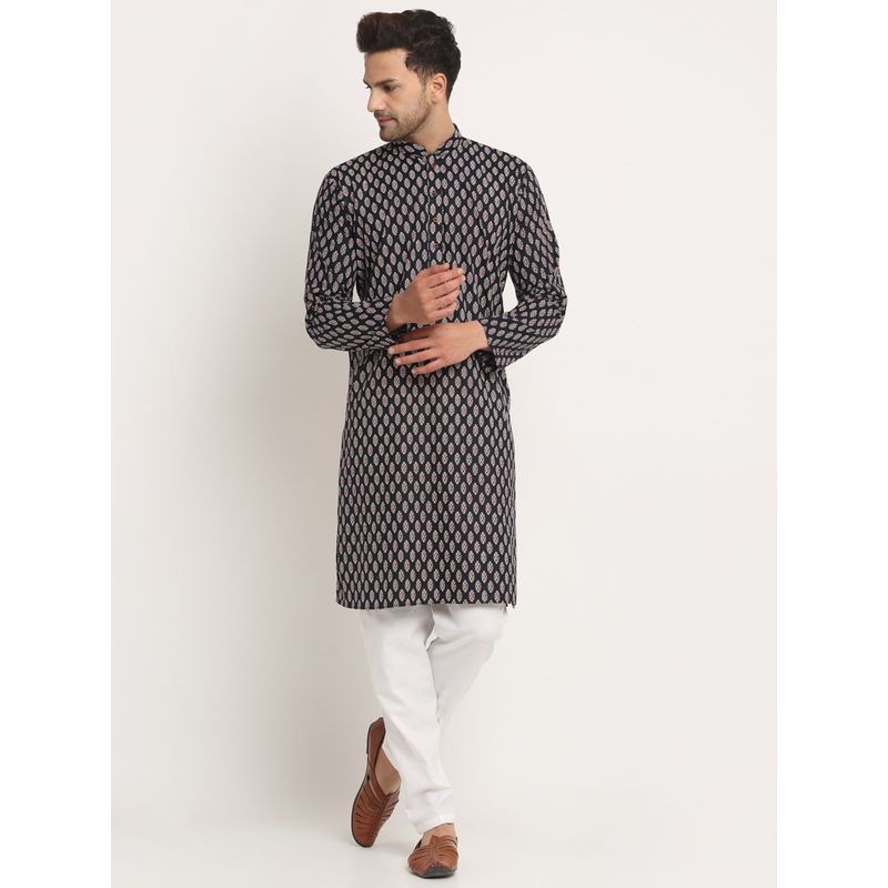 Kraft India Men Cotton Jaipuri Printed Black Knee Length Kurta Only (S)