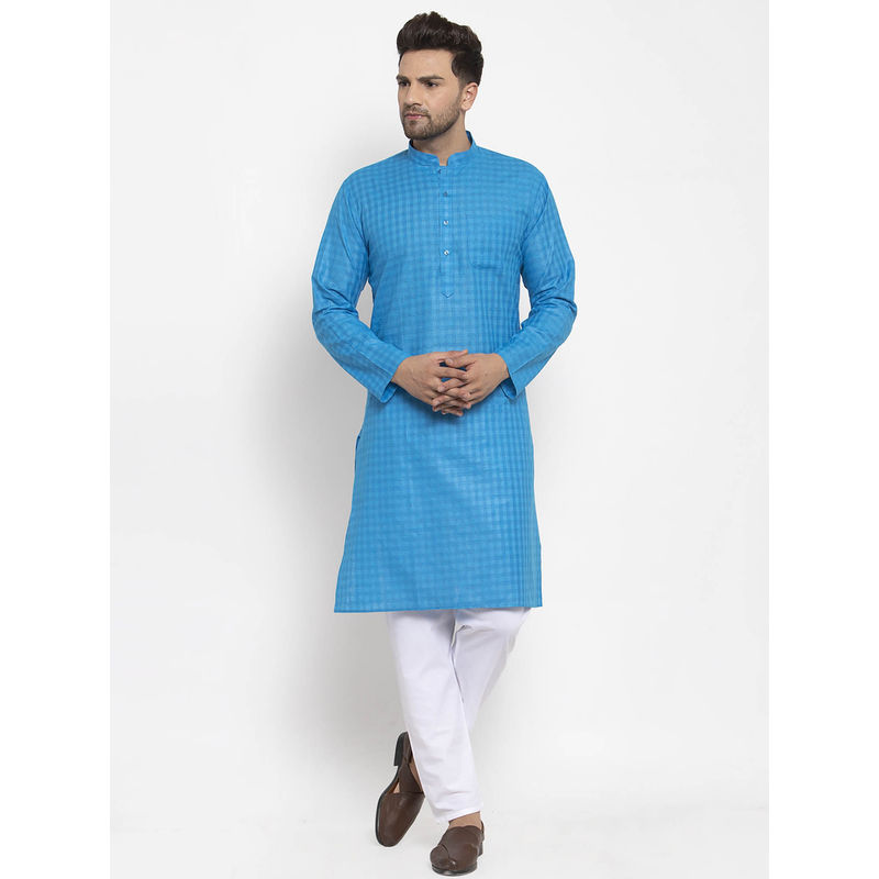 Kraft India Men Blue and White Self Check Woven Design Kurta with Pyjamas (Set of 2) (S)