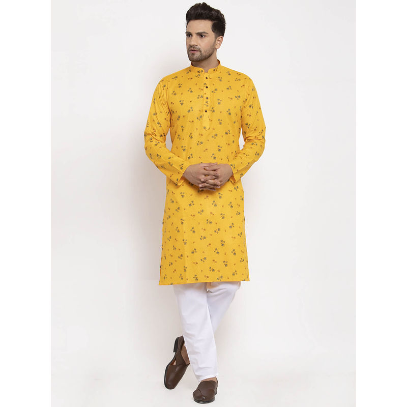 Kraft India Men Yellow and White Cotton Printed Kurta with Pyjamas (Set of 2) (L)