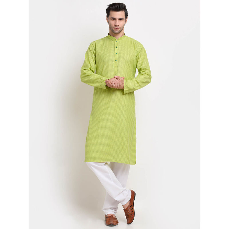 Kraft India Men Cotton Check Green Kurta with Pyjamas (Set of 2) (S)