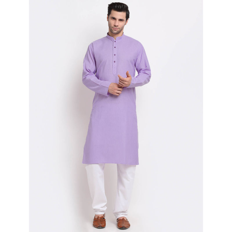 Kraft India Men Cotton Striped Lavender Kurta with Pyjamas (Set of 2) (M)