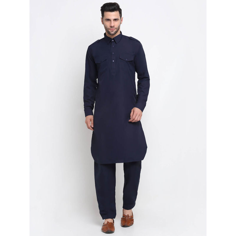 Kraft India Men Cotton Navy Blue Pathani Kurta with Trousers (Set of 2) (M)