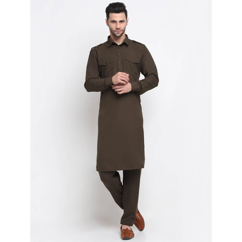 Kraft India Men Cotton Brown Pathani Kurta with Trousers (Set of 2) (S)