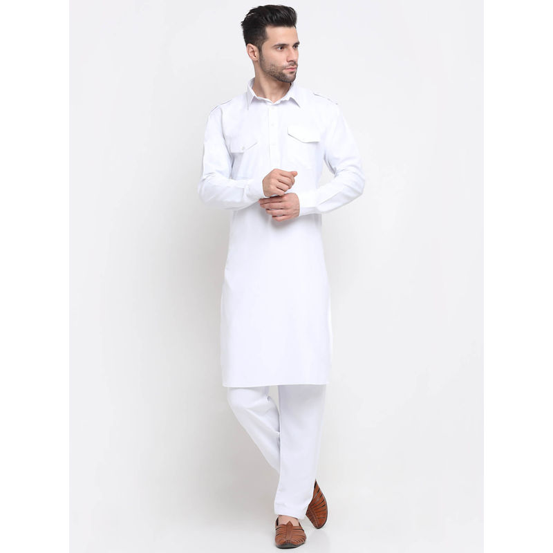 Kraft India Men Cotton White Pathani Kurta with Trousers (Set of 2) (S)
