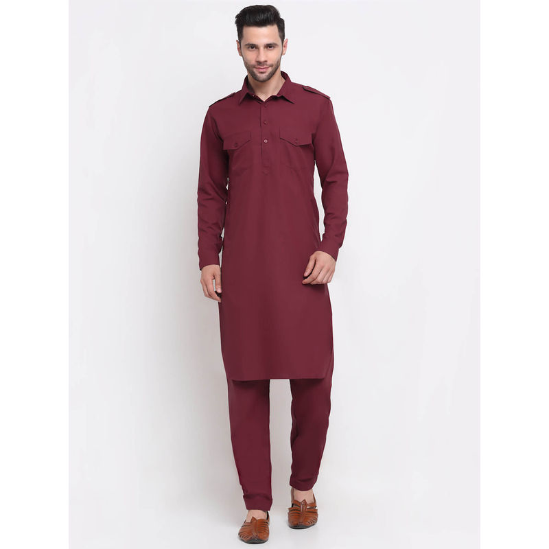 Kraft India Men Cotton Maroon Pathani Kurta with Trousers (Set of 2) (S)