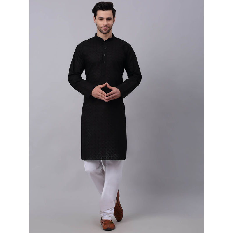 Kraft India Men Black Chikankari Kurta with White Churidar (Set of 2) (S)