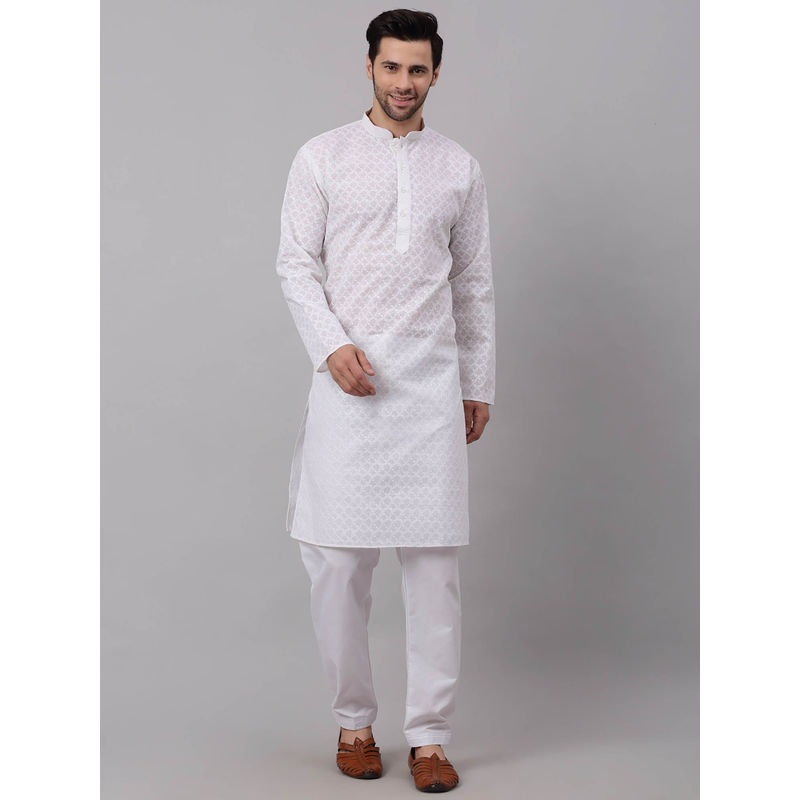 Kraft India Men White Chikankari Kurta with Trousers (Set of 2) (S)